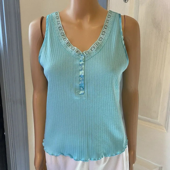Vanity Fair Tops - VTG Vanity Fair Fairy Cami Tank Top Size L Light Blue Babydoll Lace & Satin Trim